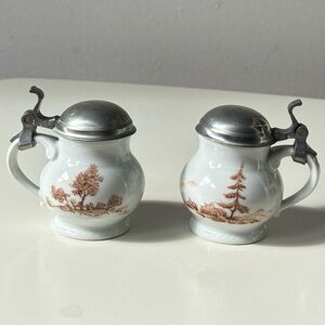 Vintage Royal Tettau Bavaria Germany White Brown mini ceramic stein pewter lid